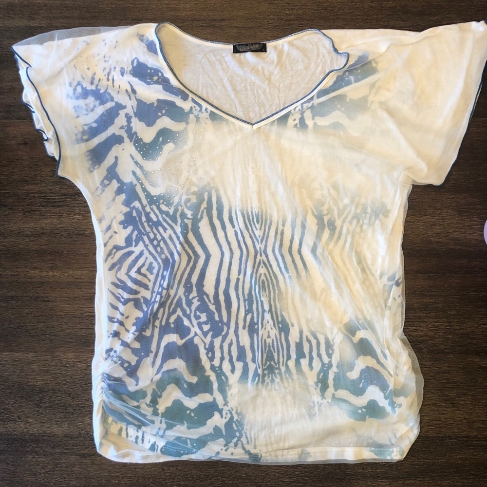 Blue teal cream tee, mesh overlay